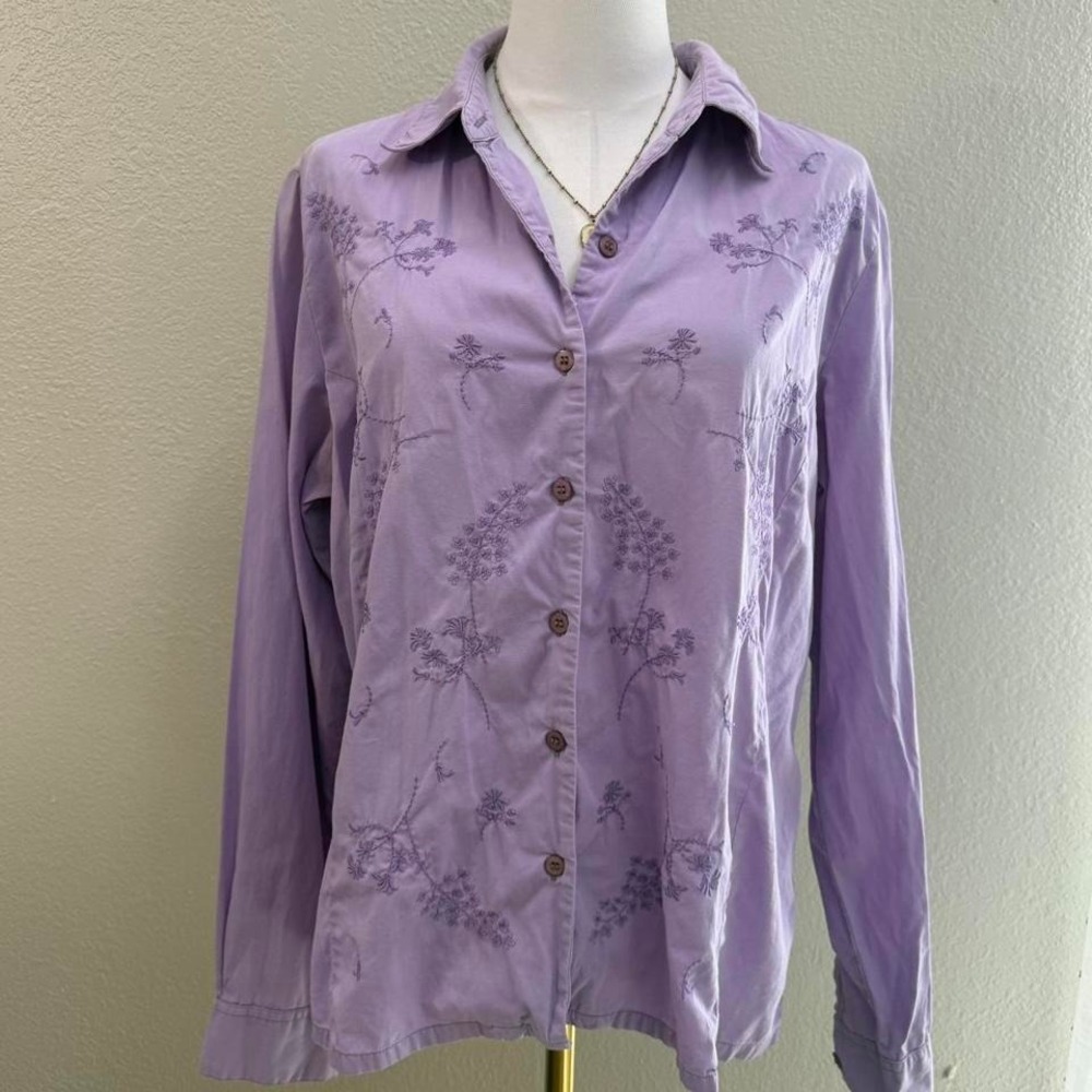 Light lavender embroidered button down blouse